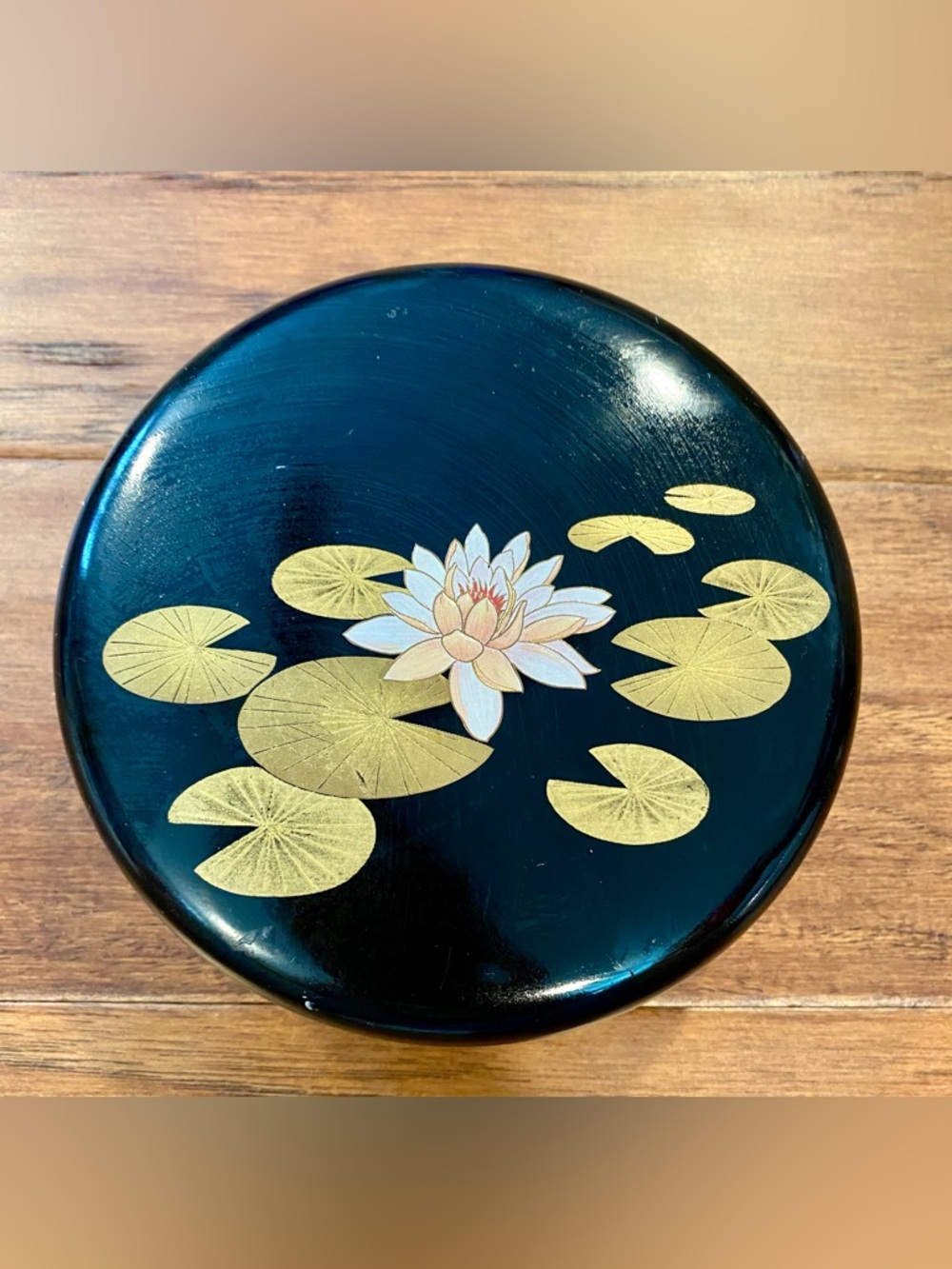 Vintage Otagiri Japan Laquerware Round Lidded Trinket Box Black With Lily Pads
